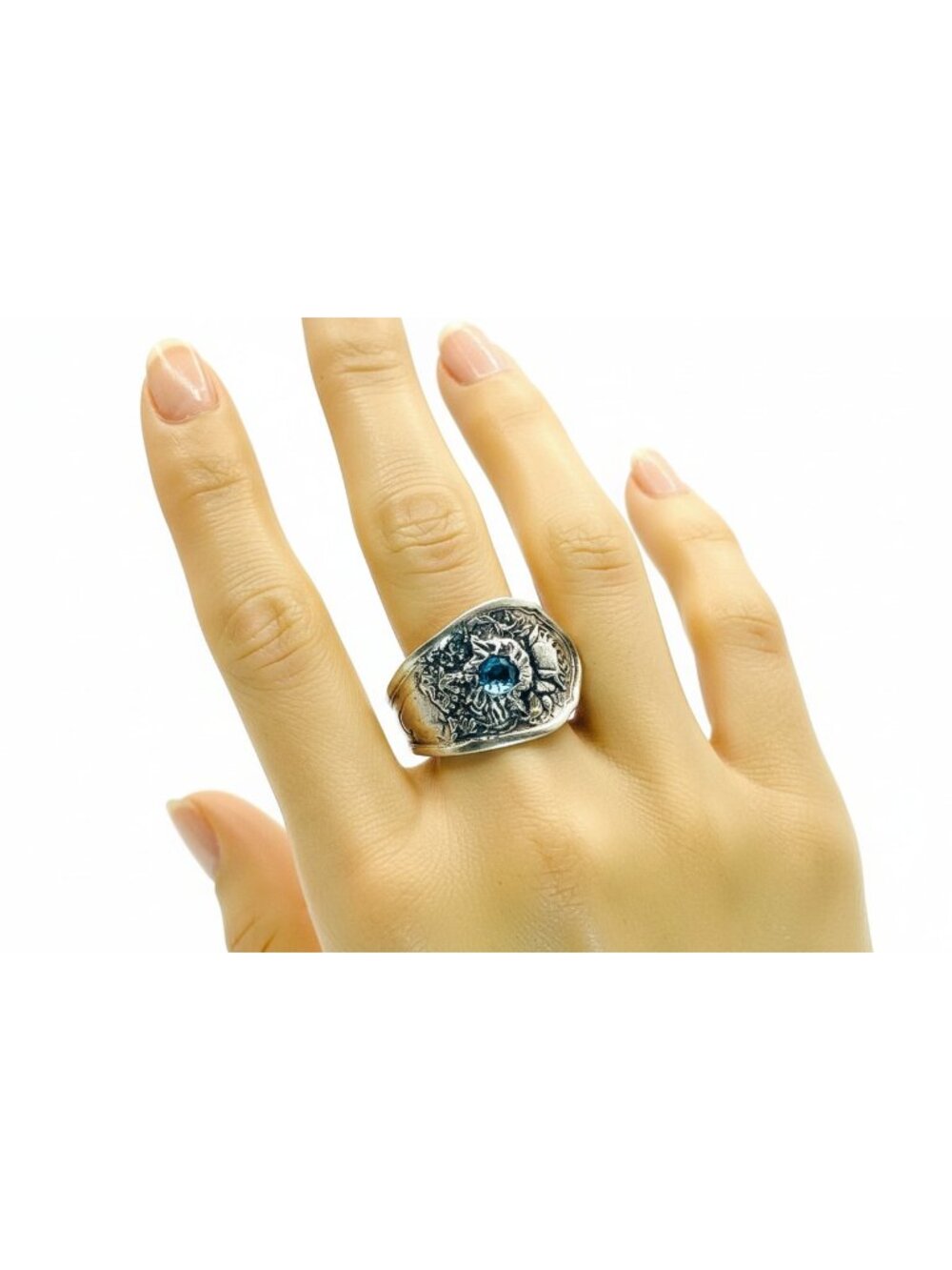 Oneida Reliance Plate Spoon Ring | Aquamarine Stone | Size 8 | Alma Antigua - Picture 5 of 15